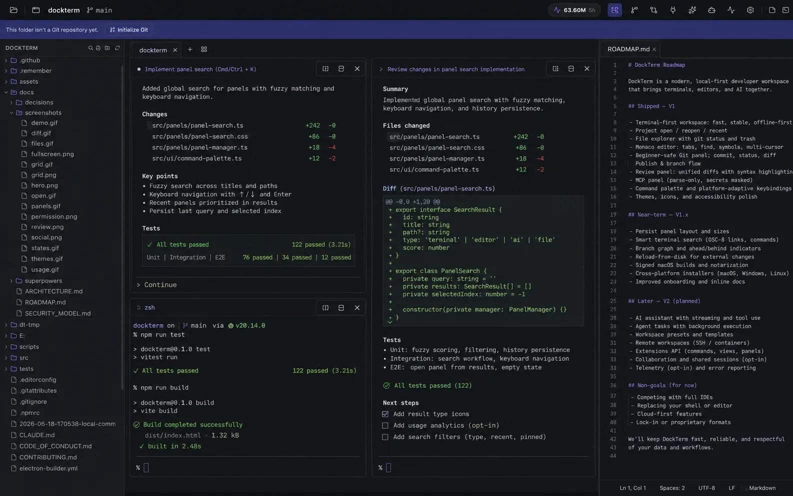 DockTerm: a multi-pane workspace with the file tree, two live Claude Code sessions, and a roadmap open side by side