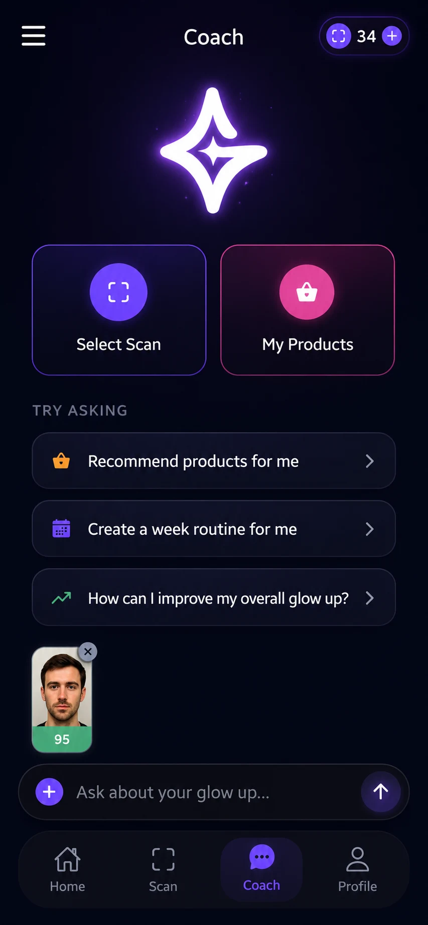 GlowAI AI coach recommending specific skincare products based on the user’s face scan