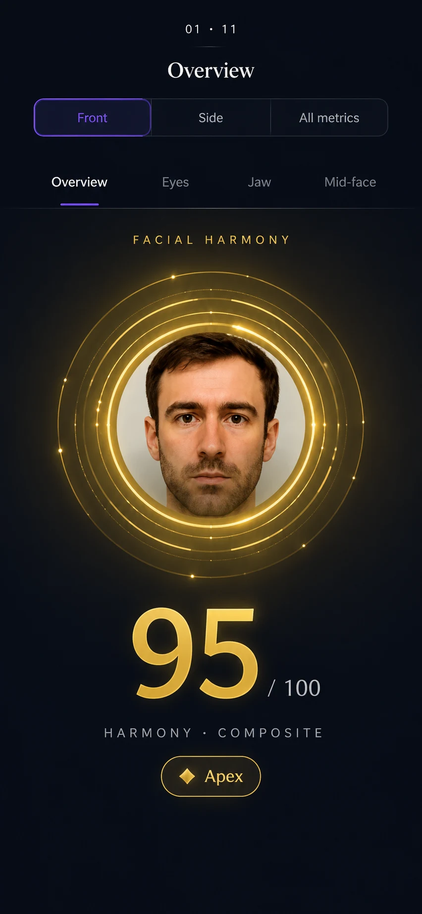 GlowAI facial harmony score shown in a gold halo on the face scan results screen
