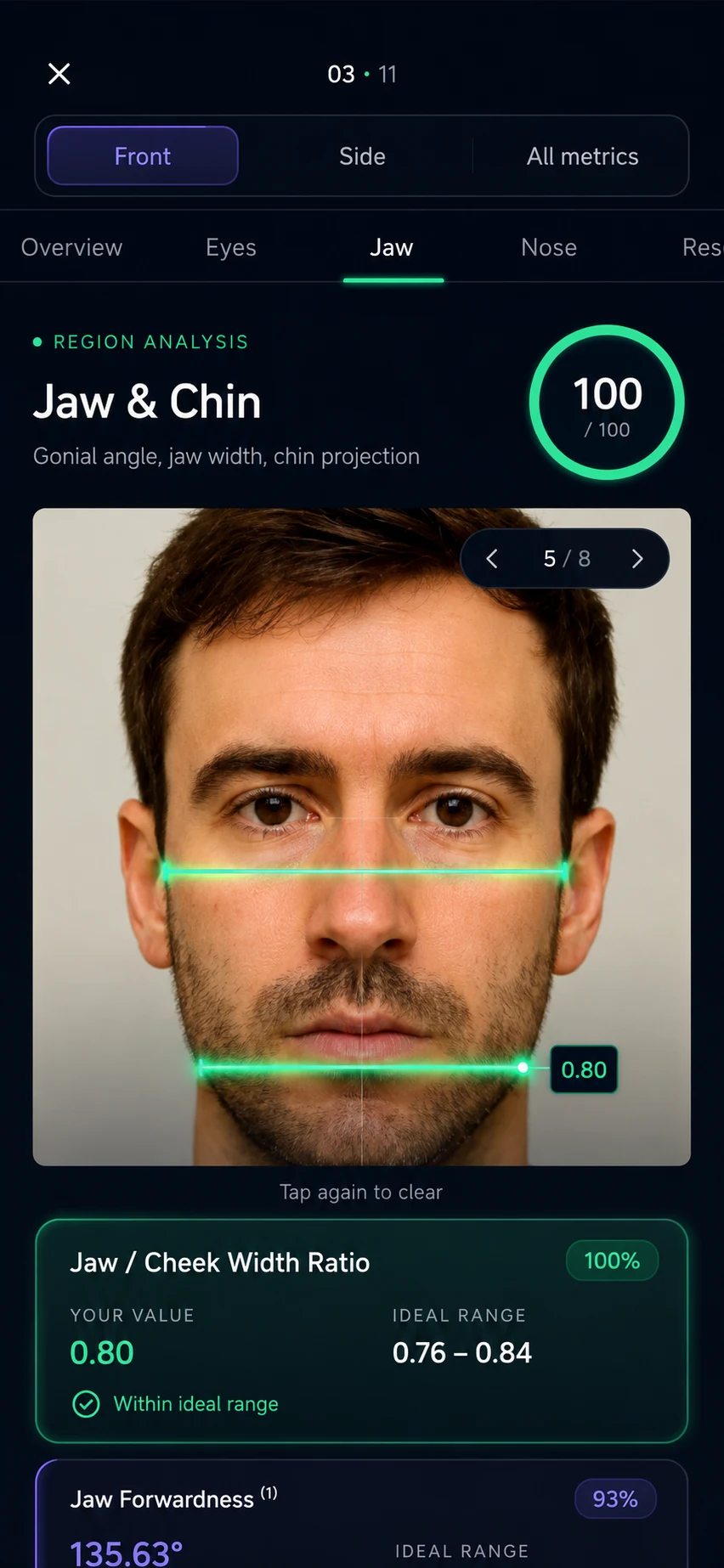 GlowAI face scan measurement view with the jawline metric highlighted on the scanned face
