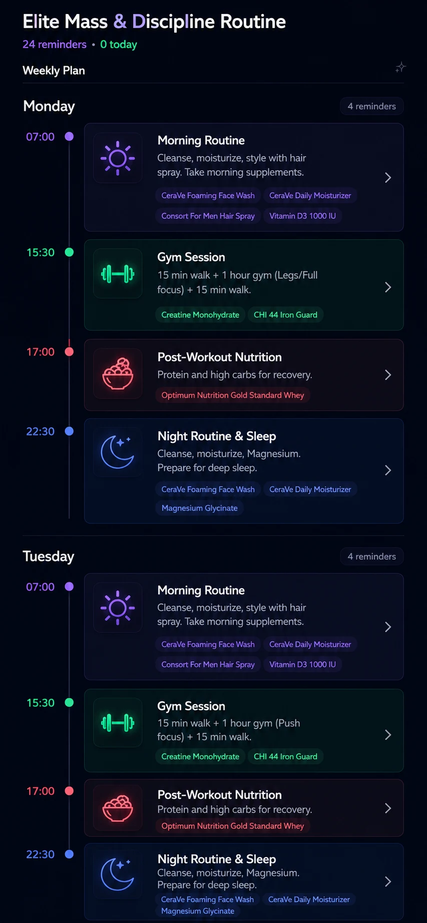 GlowAI weekly routine — morning, gym, post-workout nutrition, and night habits across the week