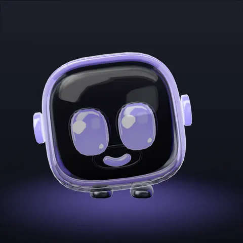 Munu, a small round dark glass robot with glowing violet eyes and a violet smile, floating on a dark background.
